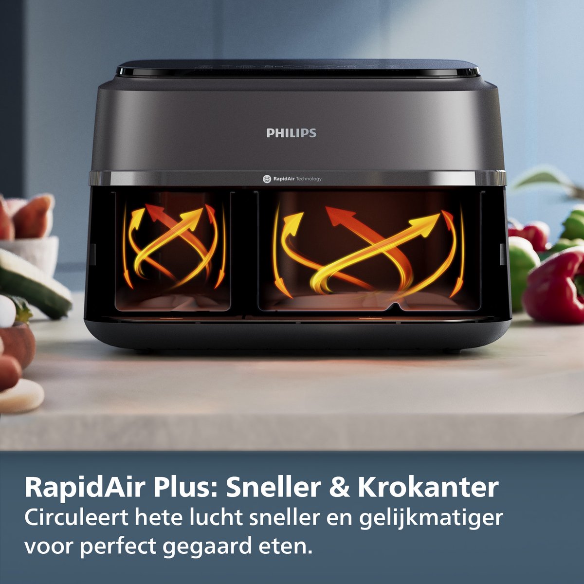 Philips 3000 Series Dual Airfryer - NA351/00 - Dubbele Mand - 9L - Tot 6 Personen - Zwart/Zilver