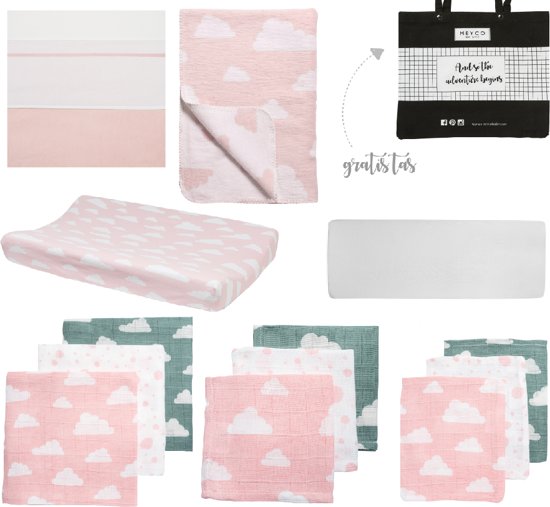 Meyco - Basis items pakket - Wieg - Little clouds - Roze/wit
