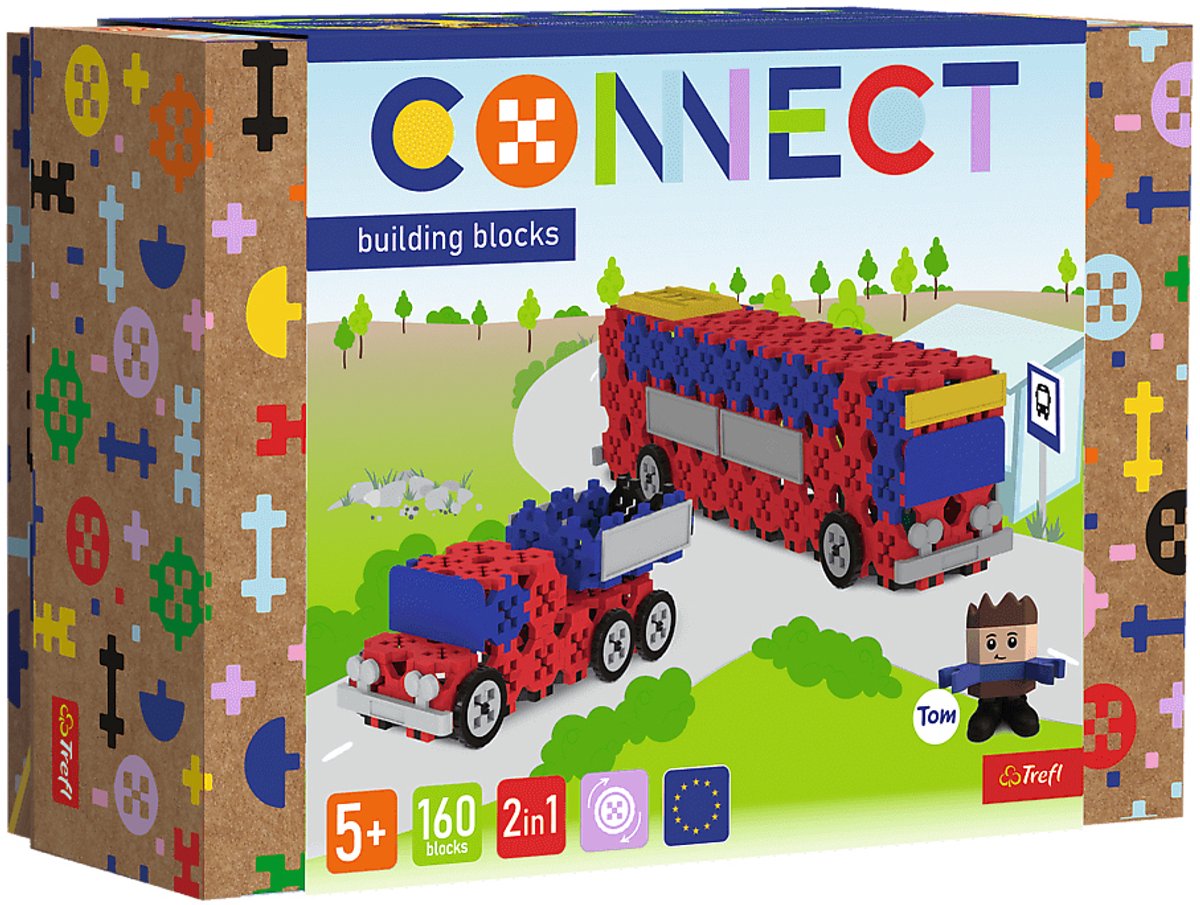 bouwstenen, lego-achtige blokken, trein/wagen combinatie, bus/transportvoertuig, speelset 5+