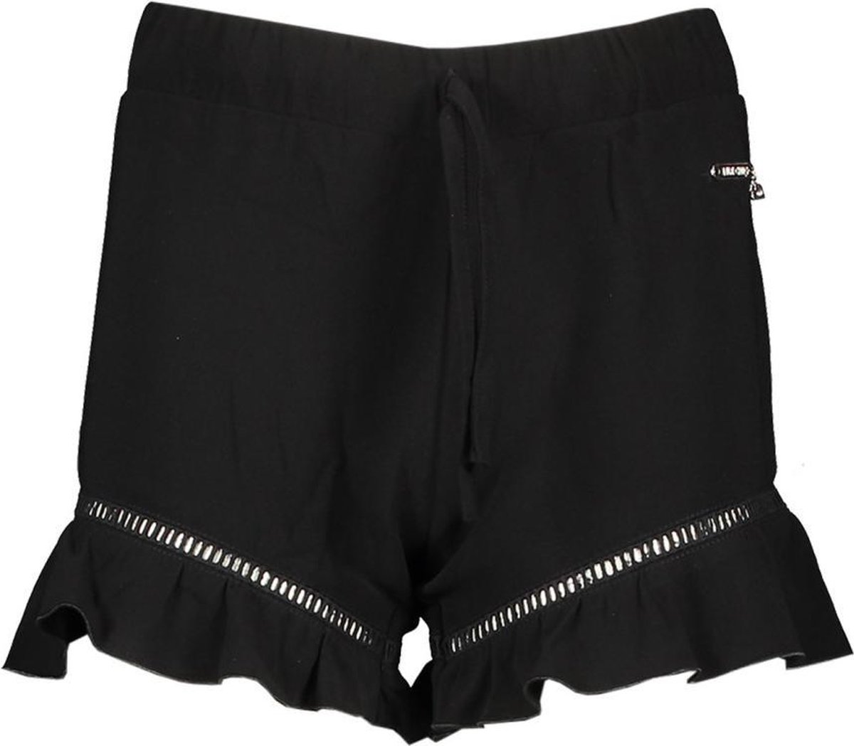 shorts, zwarte shorts, trekkoord, franjezoom, opengewerkte rand