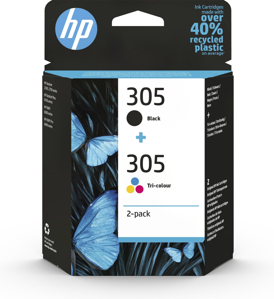 HP 305 originele zwarte drie-kleuren inktcartridges, 2-pack