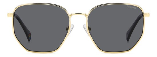 zonnebril, gouden frame, donkergrijze glazen, rechthoekig montuur, nieuwe lenzen