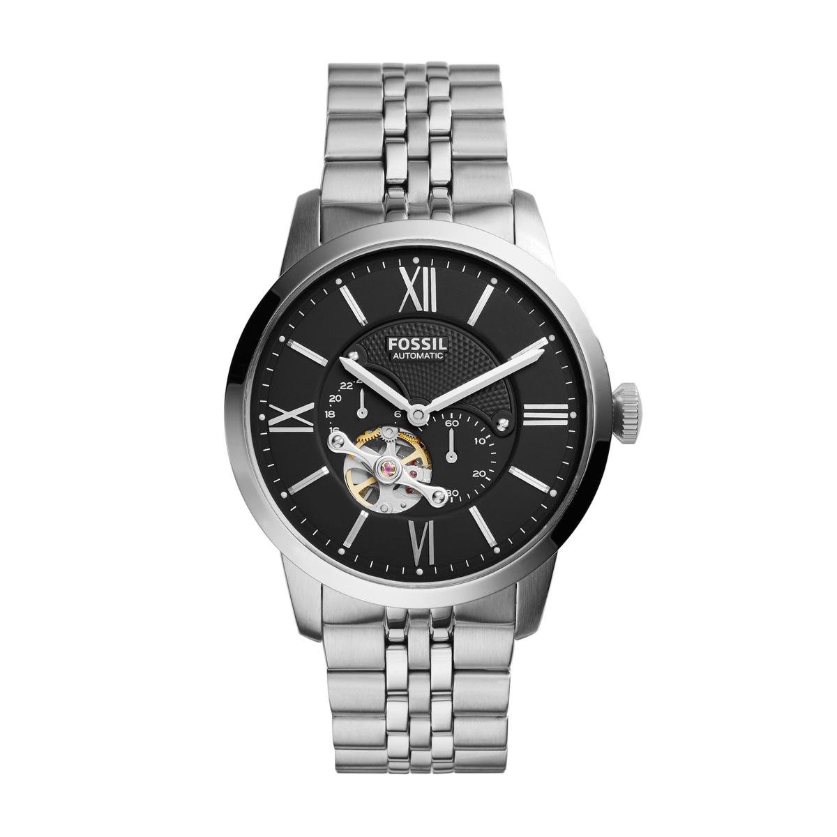 horloge, klik mechanisme, opengewerkte wijzerplaat, roestvrij staal, polshorloge