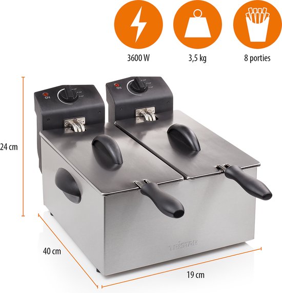 Tristar Frituurpan 6 liter - FR-6937 - Dubbele Friteuse 2x 1800W - Pannen apart te bedienen, koud zone - RVS