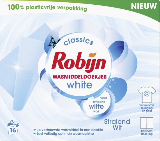 Robijn Classics Stralend Wit Wasmiddeldoekjes 16 wasstrips