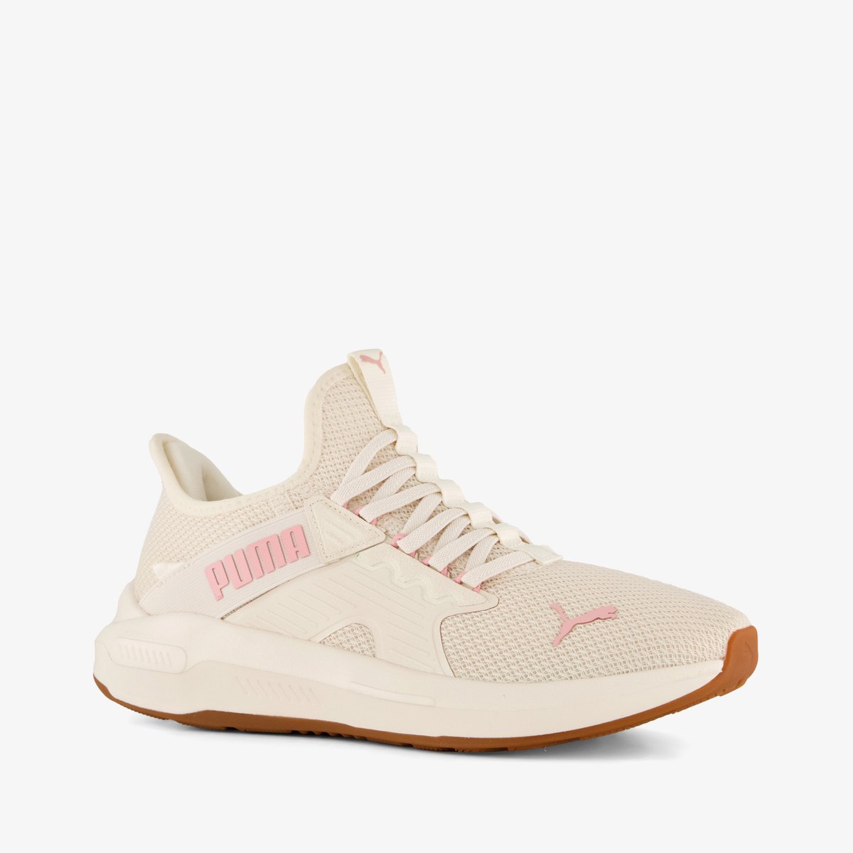 sportschoenen, witte schoen, roze accenten, mesh bovenwerk, bruinen zool