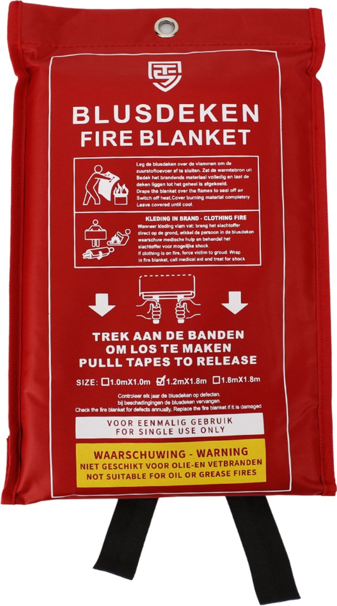 fire blanket, emergency, rode verpakking, haak oog, touw trek, waarschuwing label