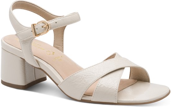 sandalen, gevoerd leer, crème, scholierenhak, gesp