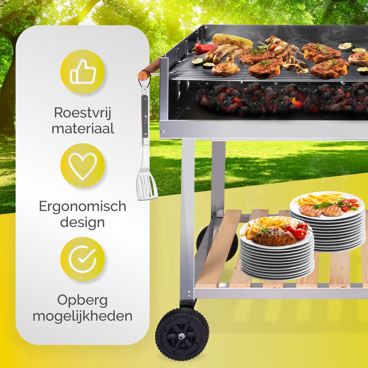 BBQ Collection Houtskool Barbecue – Trolley met Zijtafel – Grill op Wielen – RVS – 2 Roosters – 98 x