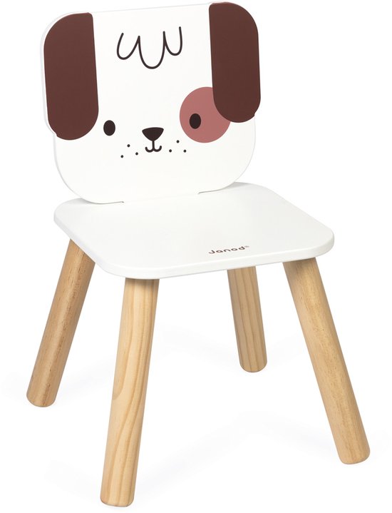  kinderstoel,  hondenfiguur,  houten poten,  wit blad,  stoelhoogte
