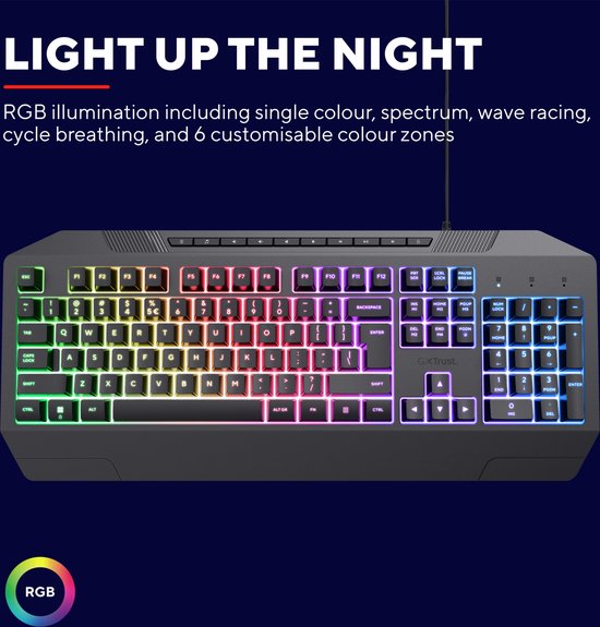 Trust GXT836 Evocx - Gaming Keyboard met Verlichting - Polssteun - Multimedia toetsen - Qwerty US -