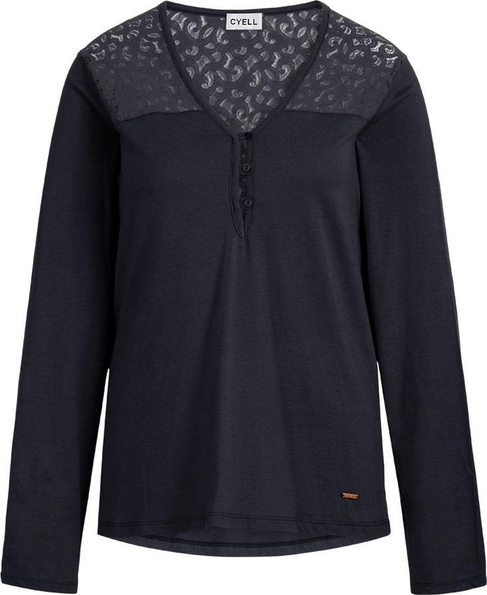 t-shirt, lange mouwen, lace panel, donkerblauw, knopen