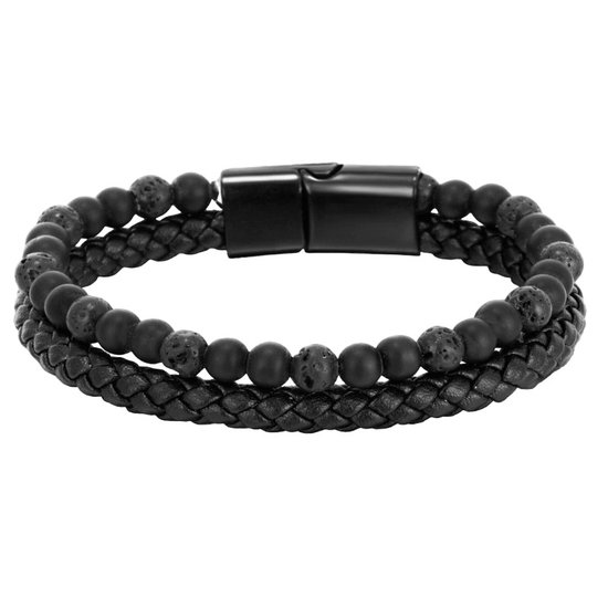 Fako Bijoux® - Leren Natuurstenen Armband Heren - Zwart Leer - Zwarte & Lavasteen Natuursteen - 6mm