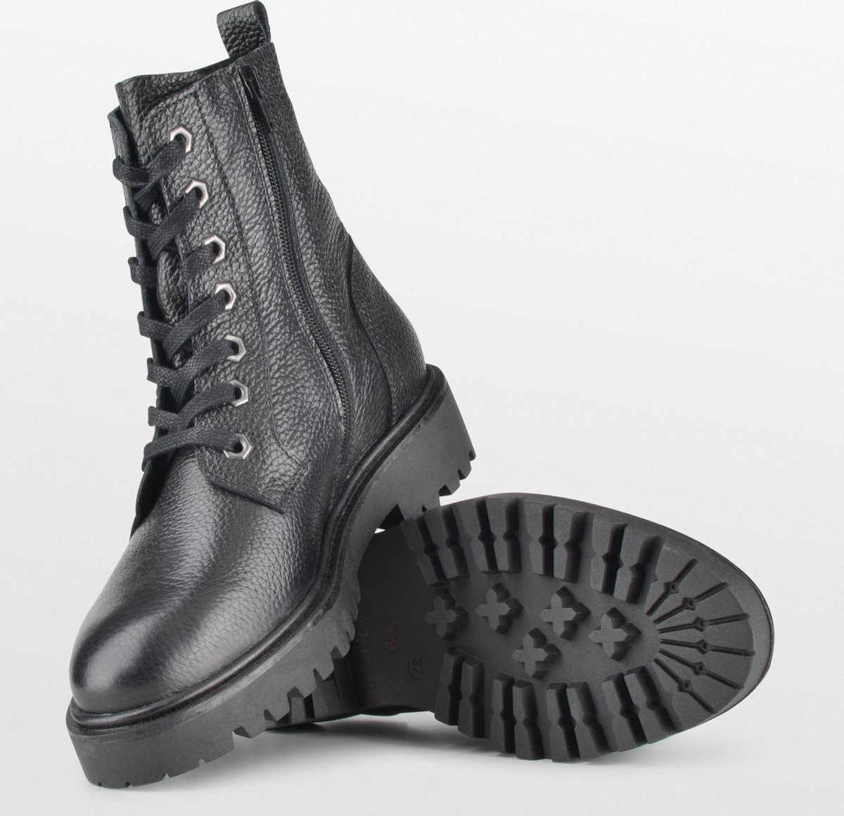 PS Poelman Leta Dames Leren Enkellaarzen - 38 - met Veters en Rits - Zwart Tumble Print