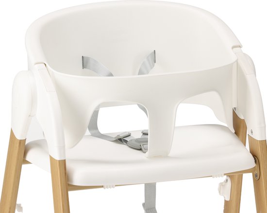 kindersstoel, hogerzit, houten poten, draaibare armleuningen, veiligheidsriem