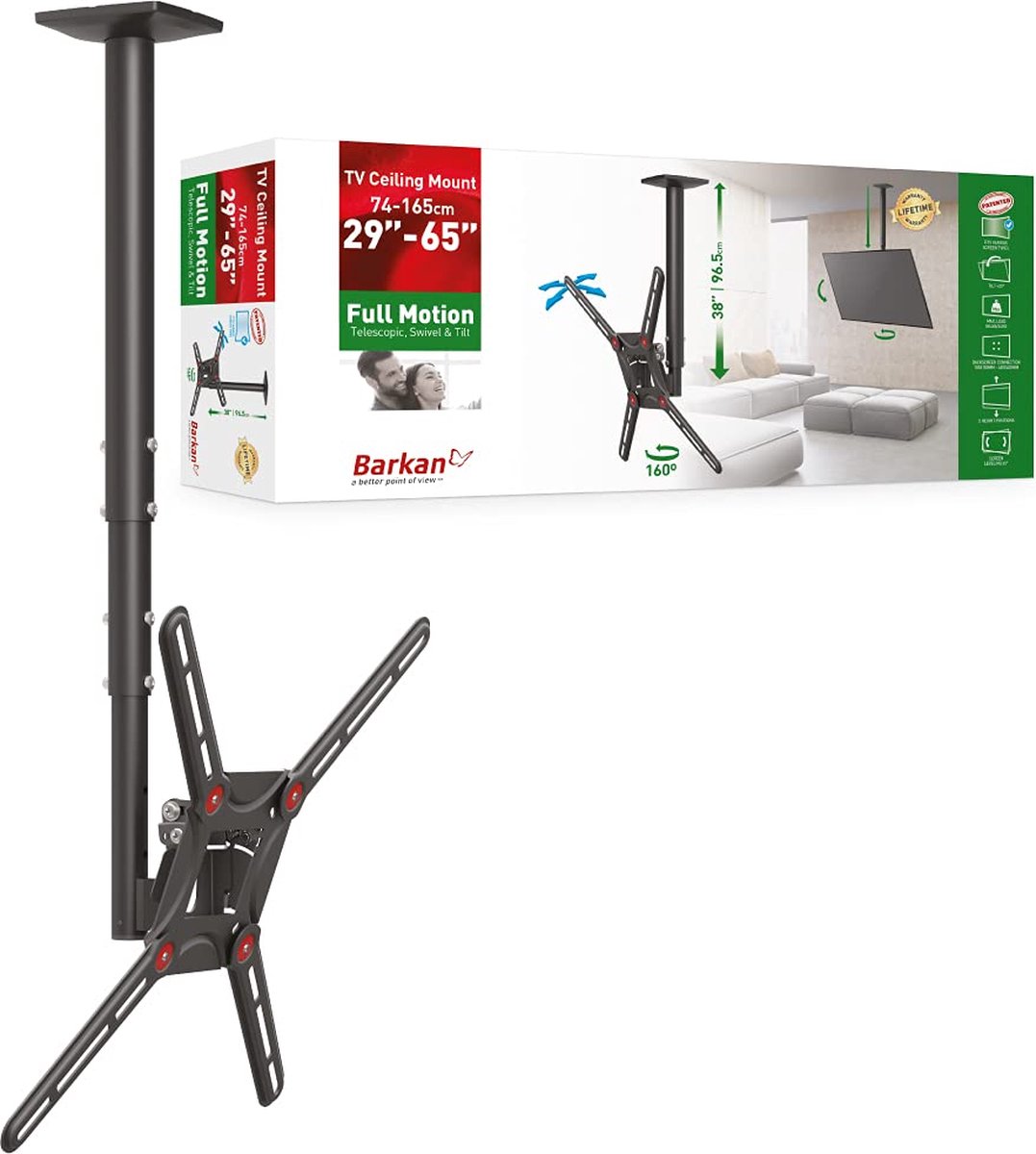 Barkan - Plafondbeugel 29 inch - 65 inch 74cm - 165cm - Vlak Gebogen TV - Kijkhoek, Uittrekbaar, Dra
