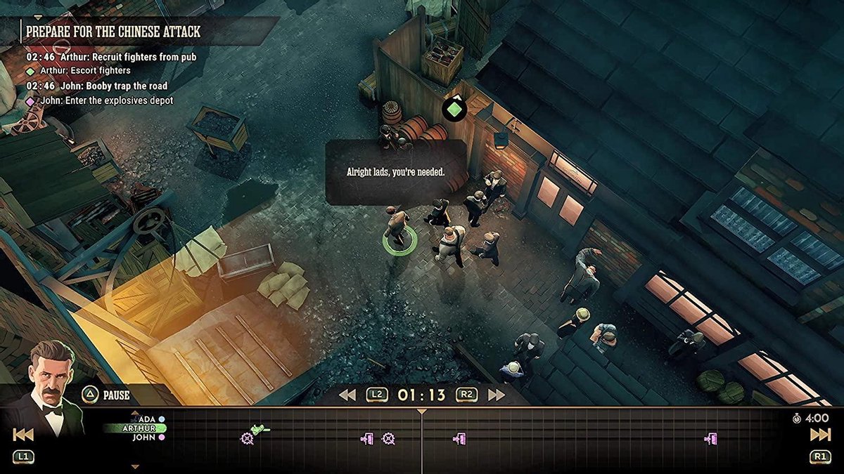 isometric view, top-down, city alley, clothes NPCs, dialogue cue