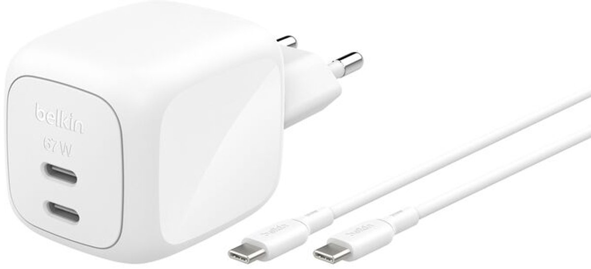 usb-cire charger, travel adaptor, two USB-C ports, white wall charger, USB-C cable included