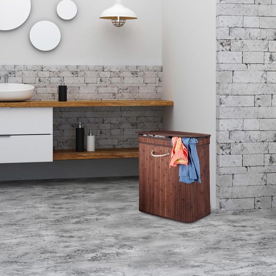 relaxdays wasmand met deksel - 2 vakken - bamboe wasbox - mand voor wasgoed zwart