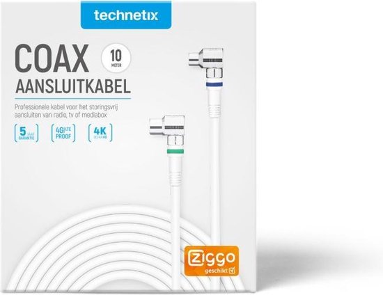 Technetix TN-RLA 21-10-S Coaxkabel Male - Female Haaks 90° 10 M Wit/zilver