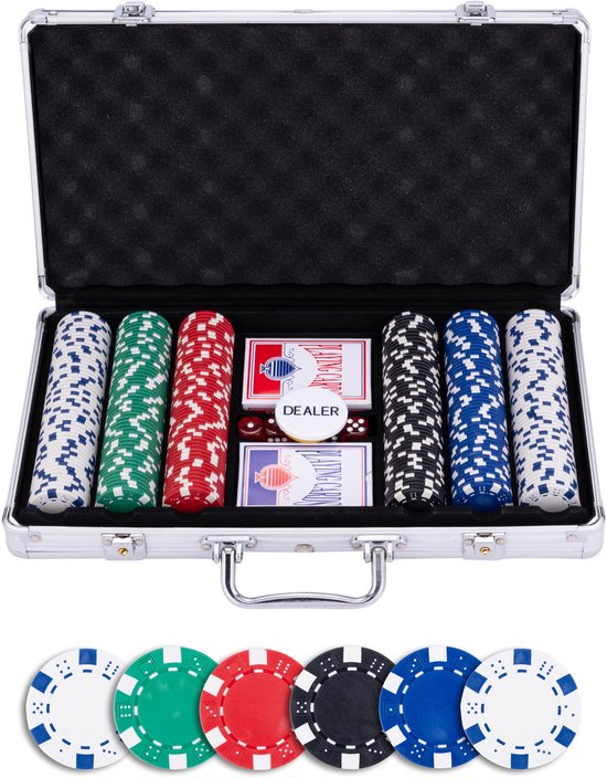 Pokerset in Zilveren Koffer met 300 Chips (11,5 g) – Compleet met Kaarten, Dealer Buttons & Dobbelstenen – Engelhart