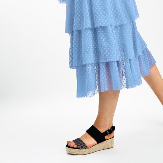 PS Poelman - Maat 40 - Dames Sandalen met Espadrille Zool - Iris - Zwart met Furry Luipaard Print