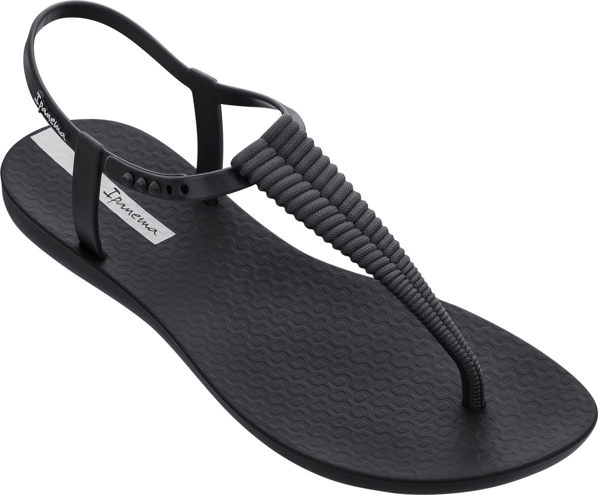 zwarte flip-flop, sandalen, riemslip, gebreide voetband, plaatzware zijkant