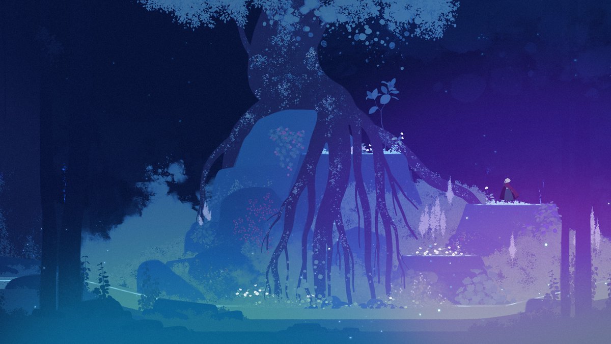 bos, nacht, boomrijke boom, grijze rotsen, mens op terras