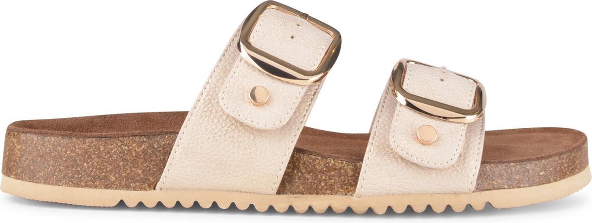 sandalen, dubbele band, gesp, kurkzool, crème