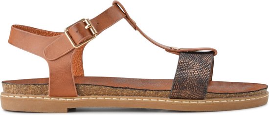 PS Poelman Dames Sandalen - Maat 40 - Lizzy - Cognac Bruin met Metallic Brons Snake Print