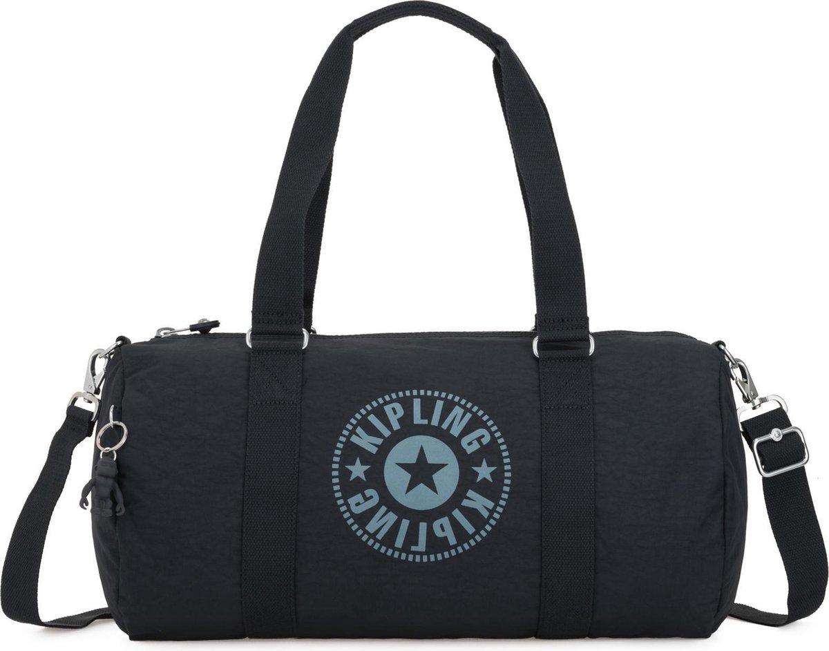 duffelbag, zwarte tas, stiksels, webbing handvatten, logo-afdruk