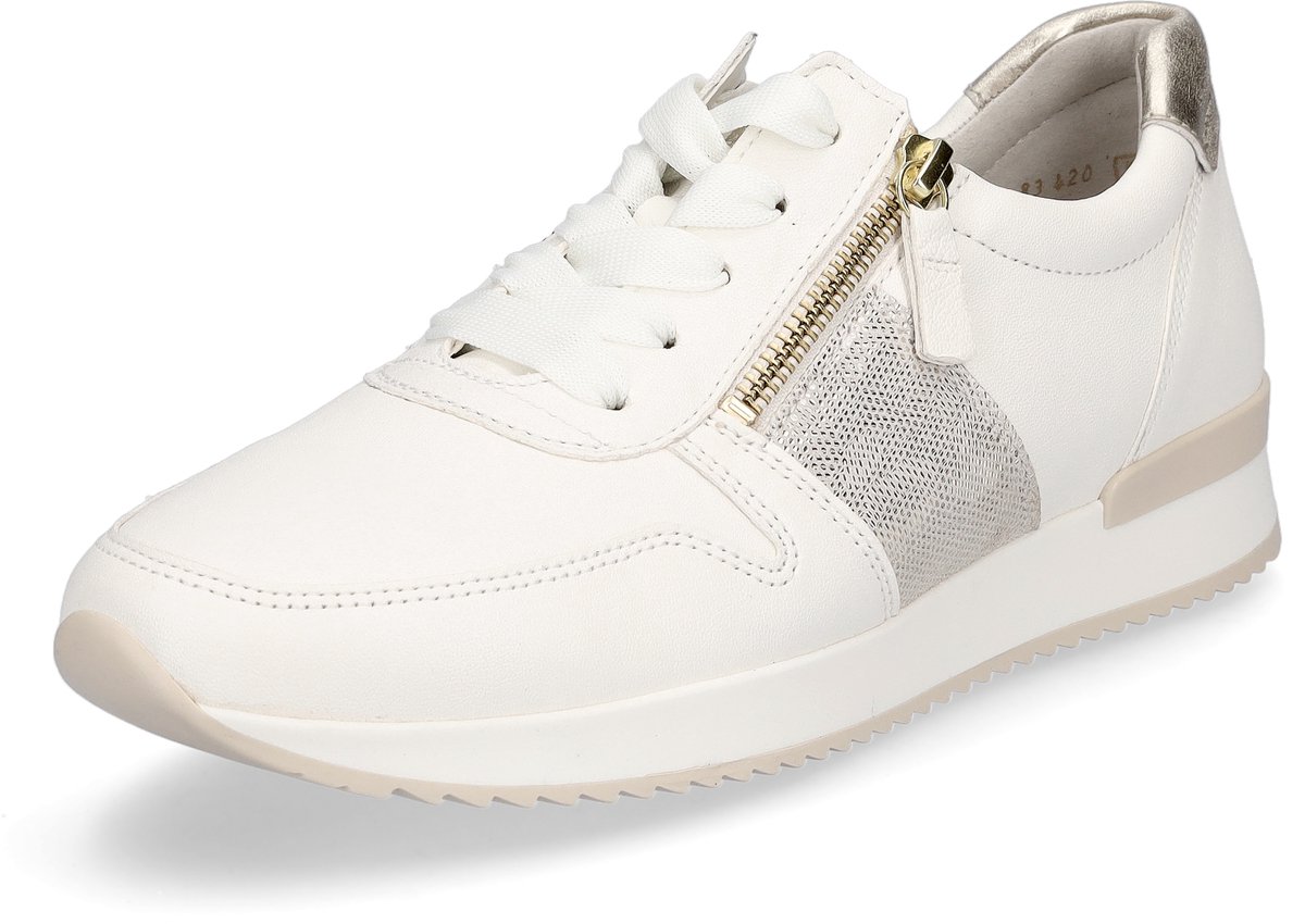 witte sneaker, luxe model, zijpaneel mesh, rits detail, witte hak