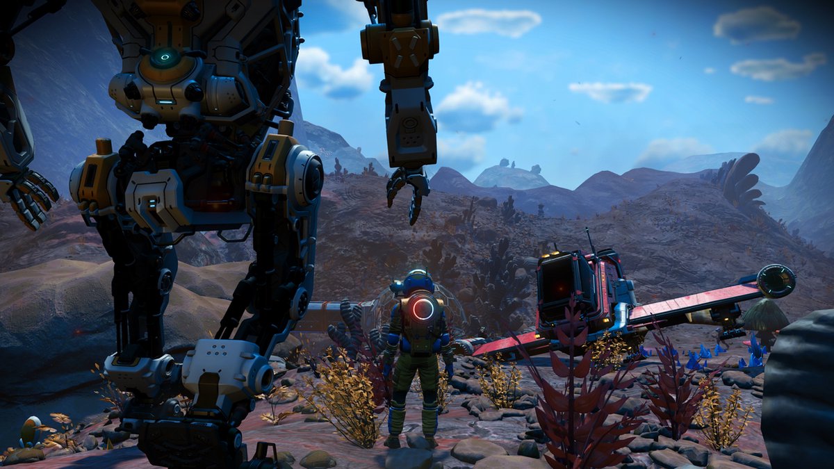 ruimtepak, astronaut, robot, ruig landschap, schip/lander