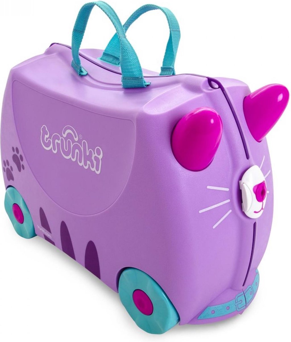 kinderkoffer, koffer, kattenkoffer, lila, wieltjes