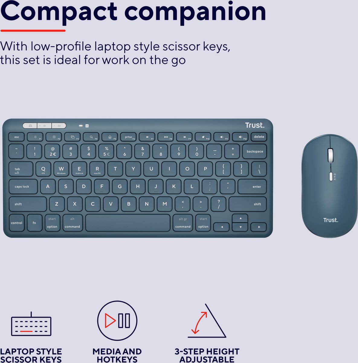 Trust Lyra - Draadloos Toetsenbord en Muis - Multi connect - Qwerty US - Blauw