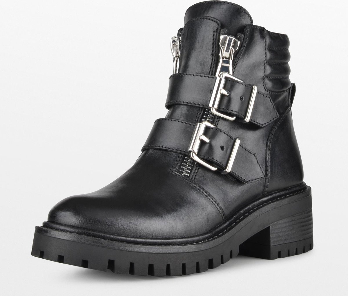 PS Poelman Klara Dames Leren Chunky Biker Boot  - mt 41 - met Gespen en Ritssluiting - Zwart