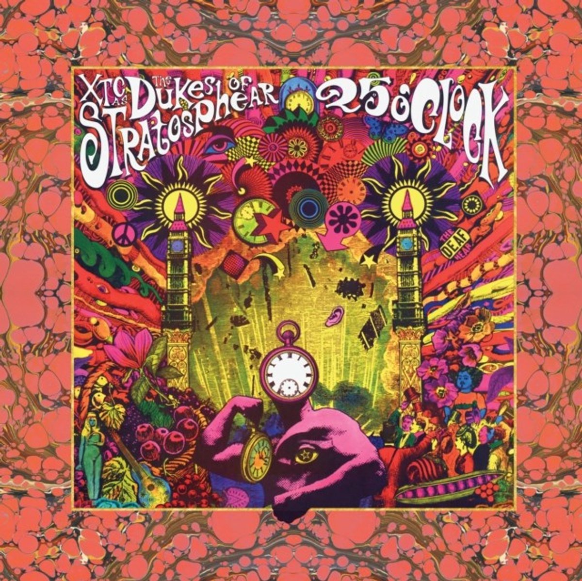 psychedelisch, albumkunst, klokafbeelding, helder kleuren, vintage poster