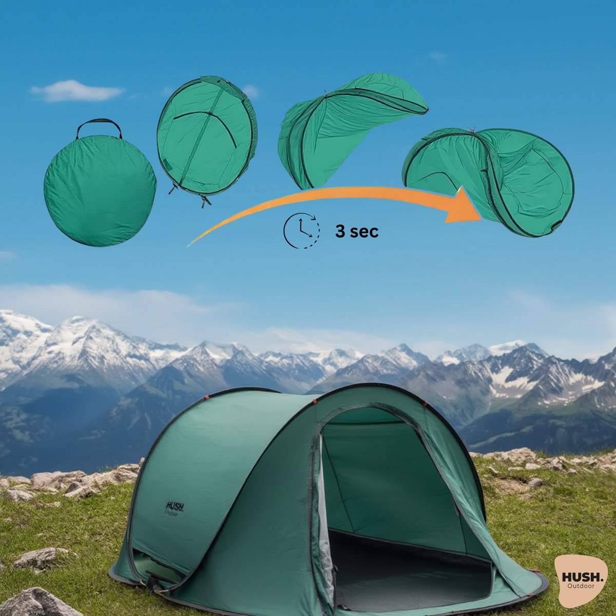 HUSH Outdoor - Campingtent 2 tot 3 persoons - pop up systeem - met ophanghaakje en opbergvakken -inc. draagzak