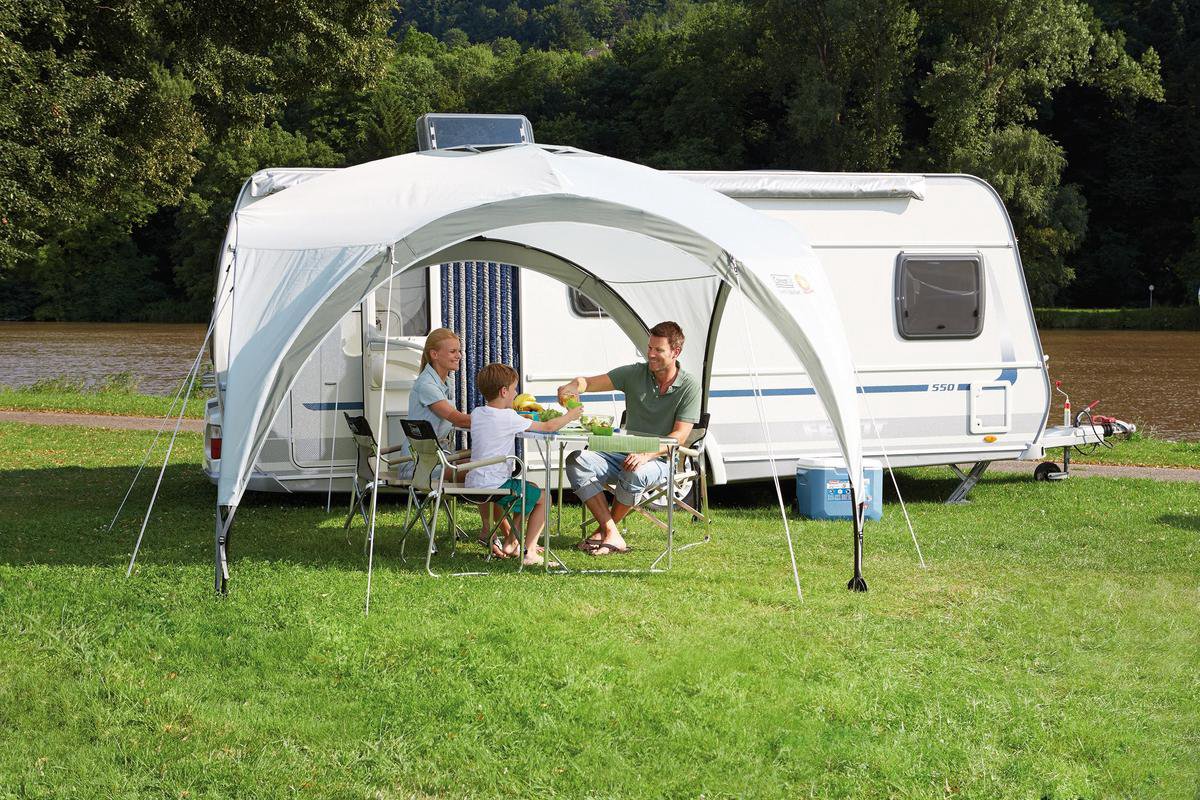 caravan, camper, awning, outdoor dining, family camping
