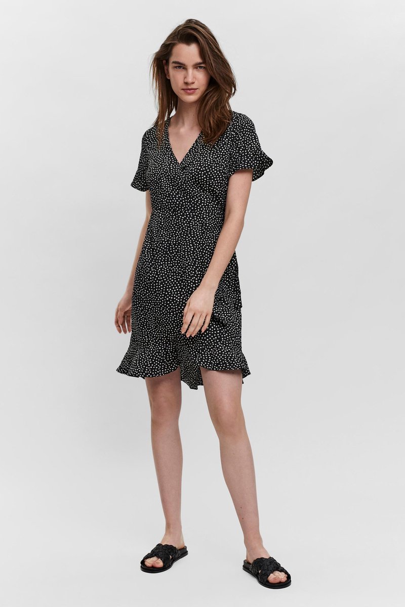 VERO MODA  - Maat XL -VMHENNA 2/4 WRAP FRILL DRESS NOOS - Bla - Dames