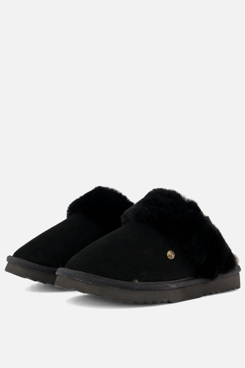 slippers, mules, zwart, vacht, instap