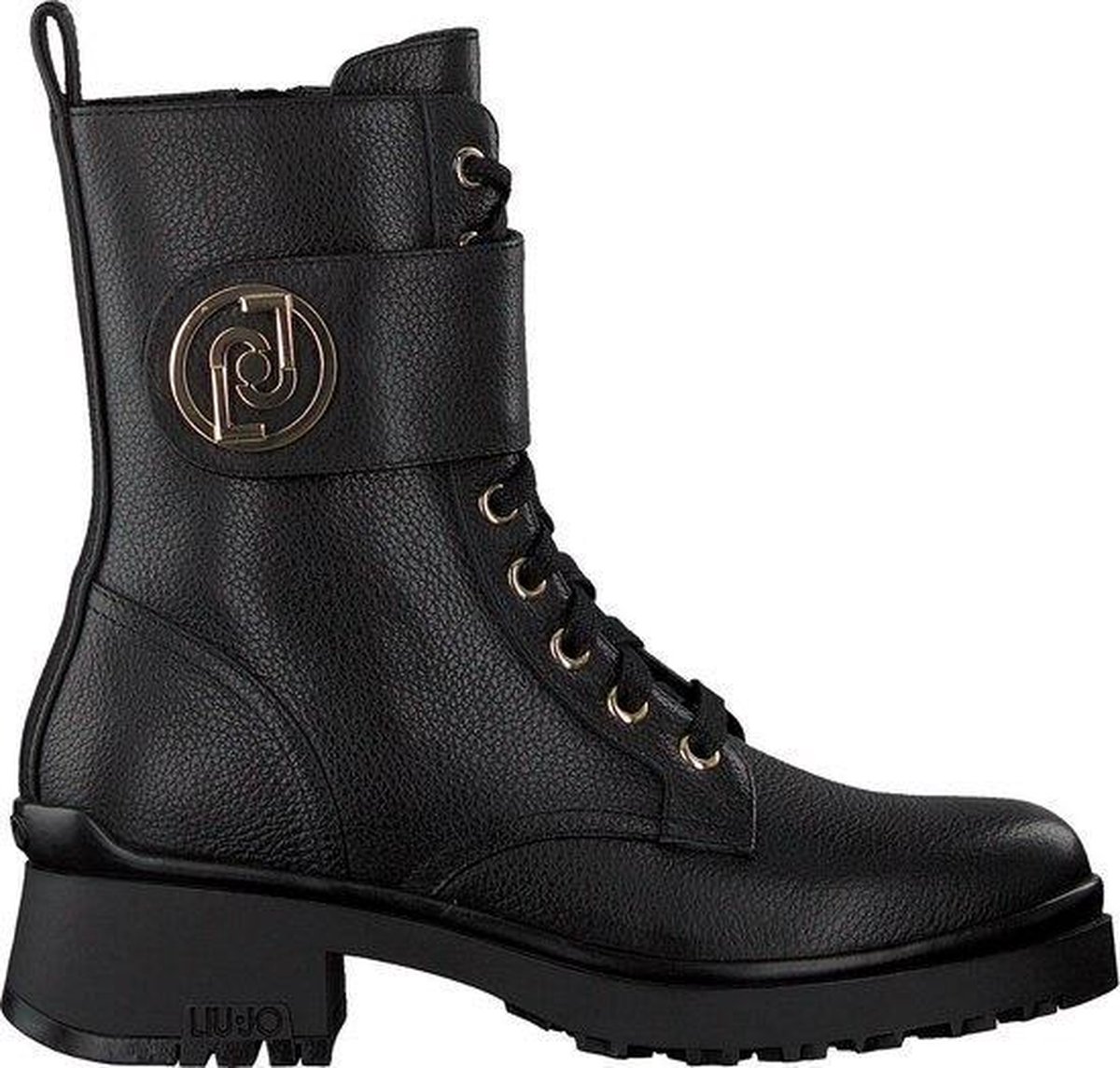 boot, zwart, veterlaars, enkellaarse laars, metaalkleur gesp