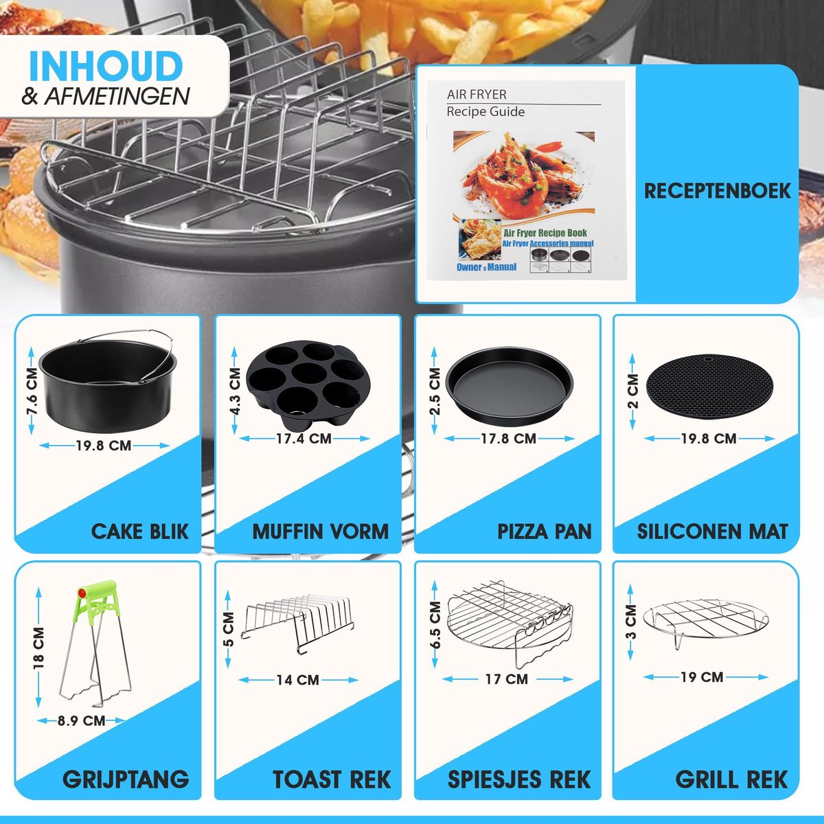 Airfryer Accesoireset - 8 delige Accessoire voor heteluchtfriteuse - 20cm