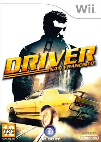 driving game, gele auto, stadsachtergrond, silhouet figuur, Wii-spel