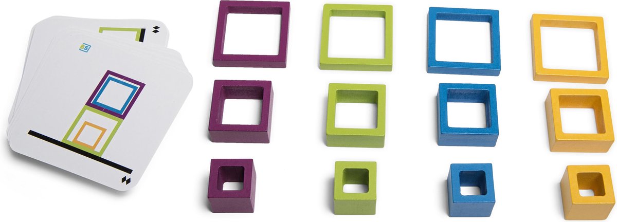 setcards, card game, wooden shapes, colorful squares, stackable squares