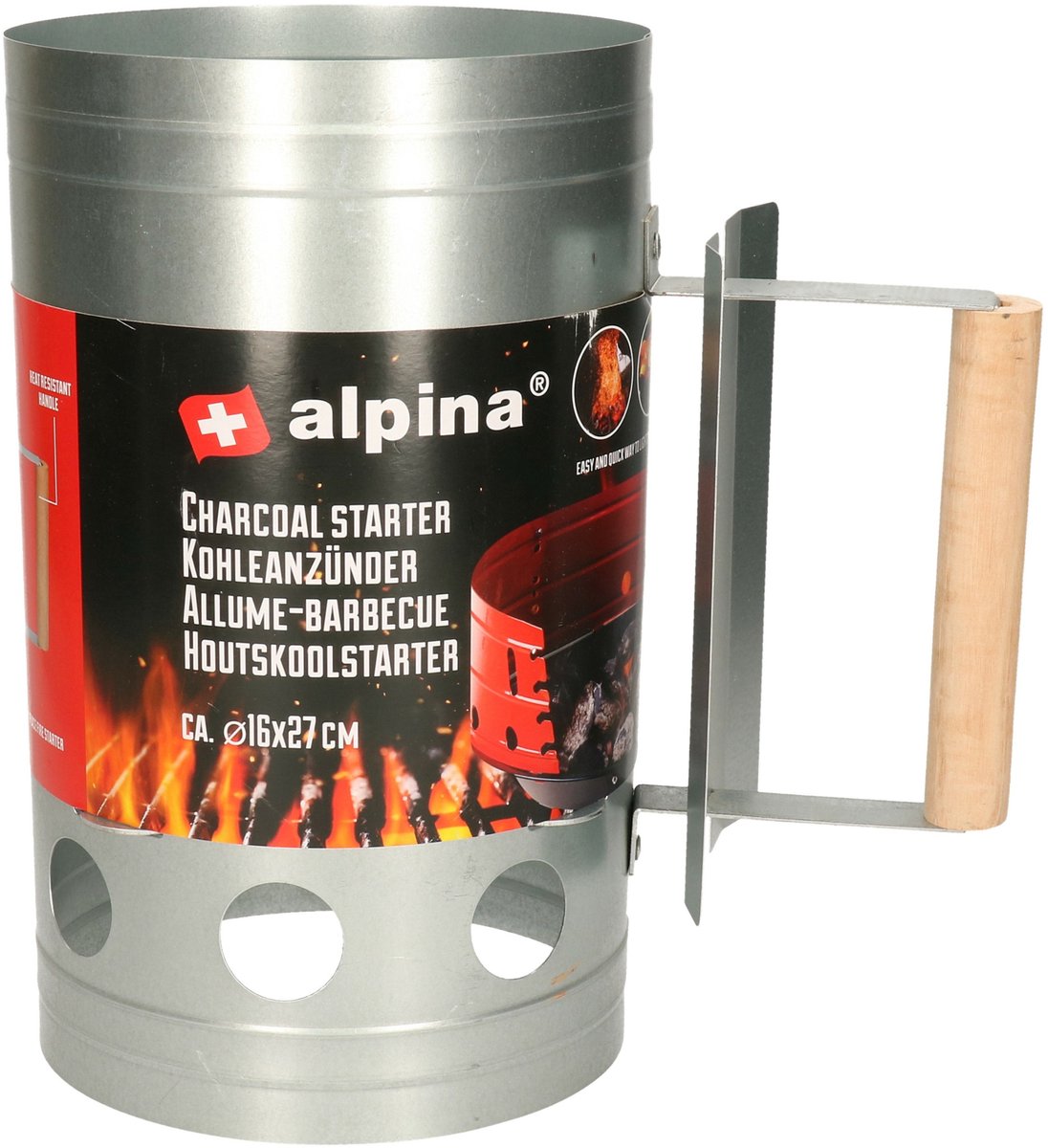 Alpina Houtskoolstarter Ø16 cm x 27 cm - Barbecue Aanmaakstarter van Metaal - BBQ Starter met Handvat - Snel en Eenvoudig