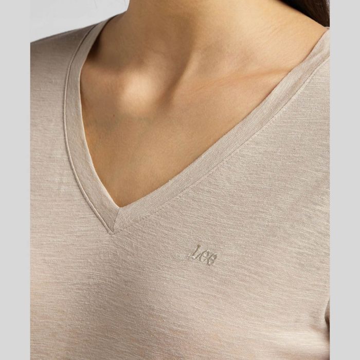 LEE V Neck Oxford Tan - Maat S - Dames T-shirt
