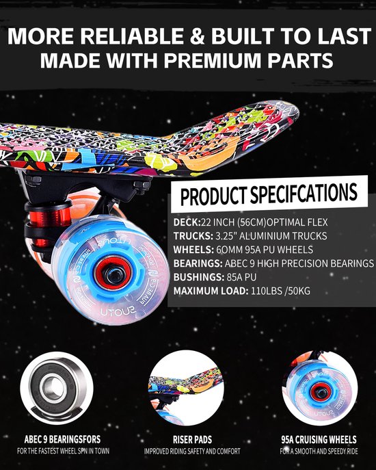 Skateboard- Wielen met LED-verlichting - Tot 50 kg - Skateboard Meisjes/jongens - Skateboard Volwass