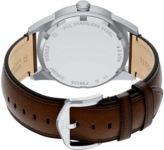 horloge, polshorloge, stainless steel, bruin lederen band, analog klok