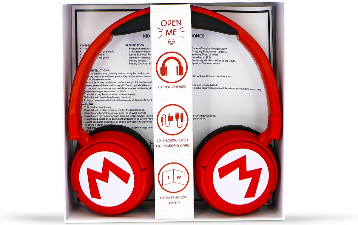 Super Mario - Mario logo - draadloze junior koptelefoon - met volumebegrenzing - microfoon - lange b